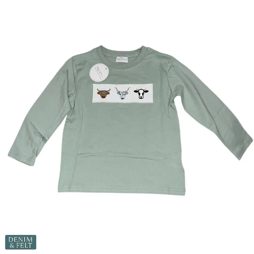 NEW Abby & Evie Green Cow Embroidery Outfit‎ Set Long Sleeve Top & Gingham Pants